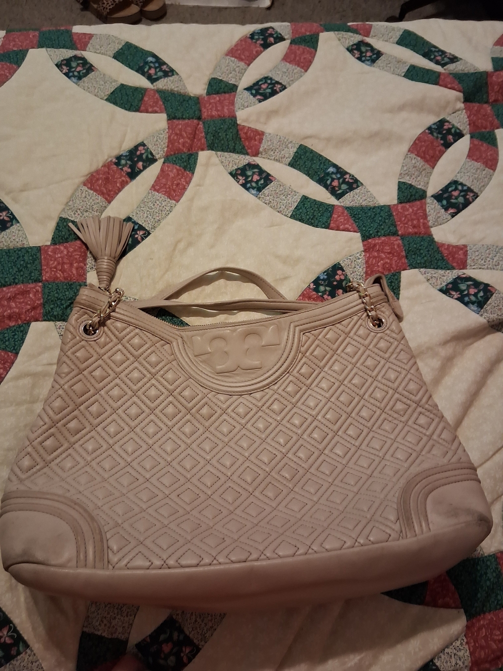 Tory Burch Quilted Cream Shoulder Tote with Tassel